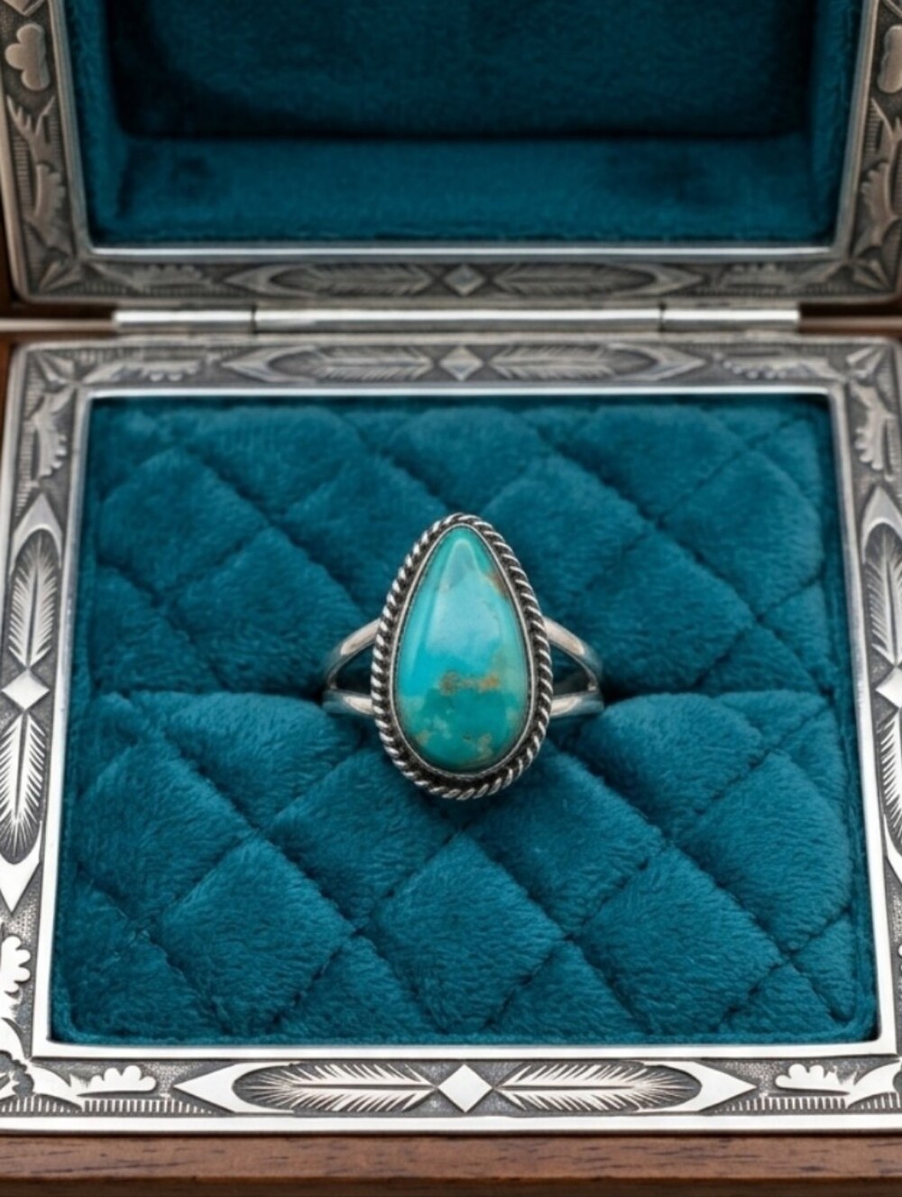 Stunning Southwestern Kingman Turquoise Teardrop Statement Sterling925 ring Sz9